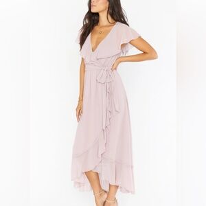 Show Me Your MuMu Jess Ruffle Midi Dress size S in crisp bridesmaid dress